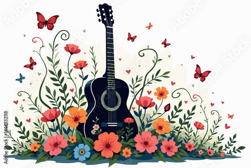 Acoustic Guitar in Bloom – Floral and Butterfly Music Illustration