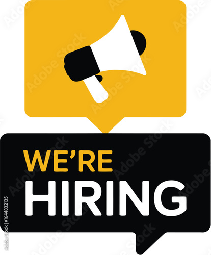 Megaphone announcing we are hiring in a modern speech bubble design