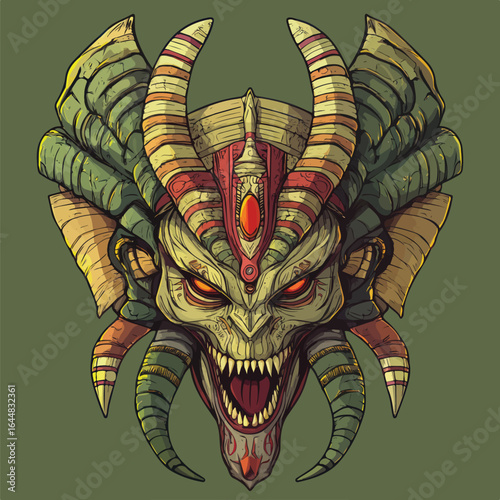 Savage Green Horned Monster Head Illustration with Spiked Armor and Angry Expression. Fantasy Beast Portrait.	