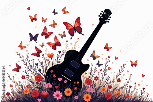 Floral Guitar Harmony with Butterflies color graphics vector 