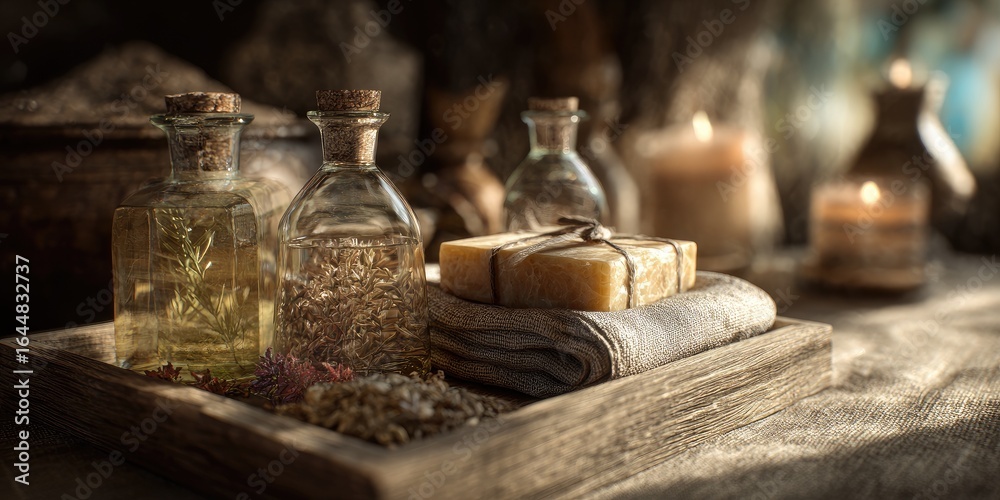 Fototapeta premium Rustic apothecary tray with herbal remedies, candles, and soap