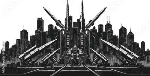 An imposing futuristic fortress with large missile launchers positioned before a dark city skyline.