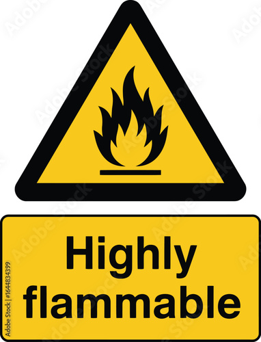 Warning sign for highly flammable material with flame symbol