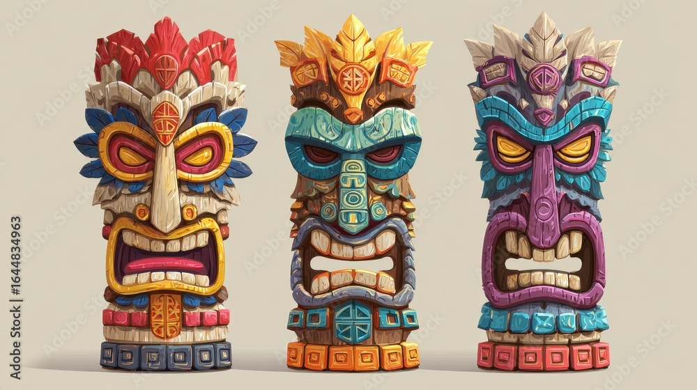 Obraz premium Tiki Face. Traditional Wooden Mask of Hawaiian and Polynesian Culture for Surfing Bar
