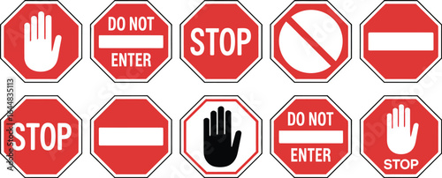 Collection of various red and white stop signs and do not enter signs