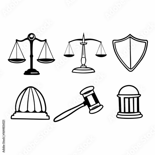 Illustration of law and justice symbols isolated on white background in a simple sketch style