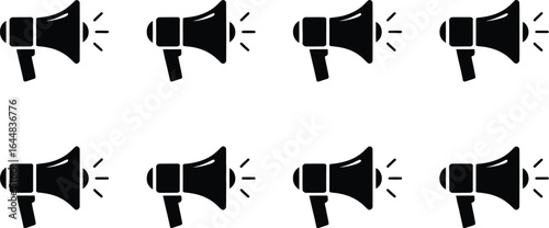 Eight black megaphone icons with sound waves on a white background