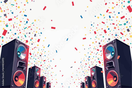  vibrant DJ setup scene featuring a central DJ mixer surrounded by tall speakers  