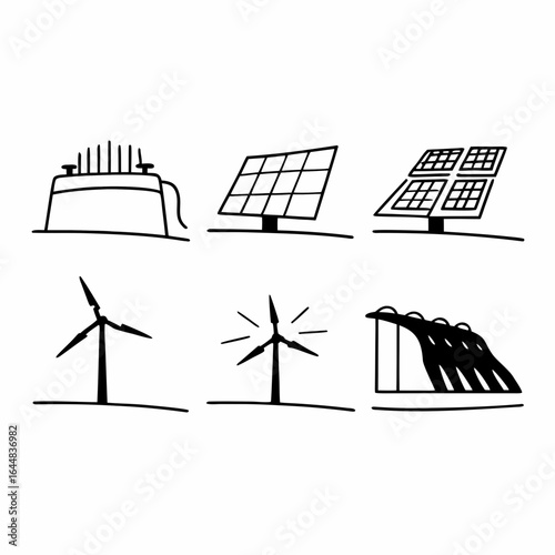 Illustration of renewable energy sources, including solar panels, wind turbines, and hydroelectric dam isolated on white background