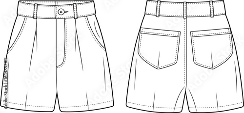 High waist women shorts front and back view, fashion flat sketch, casual summer apparel design, detailed sewing pattern illustration, vector drawing