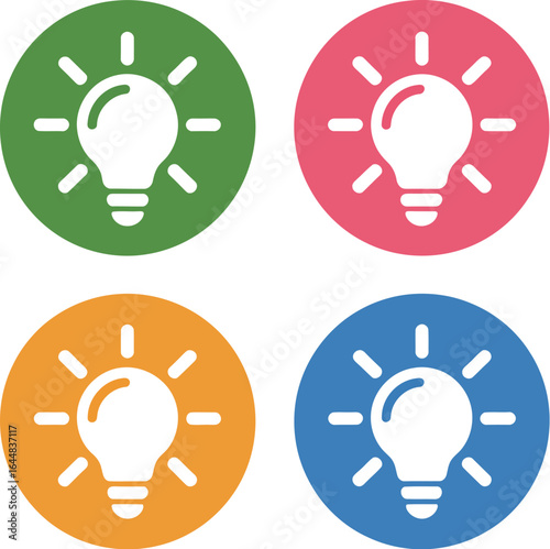 Four colorful circles with bright light bulb icons representing innovation and ideas