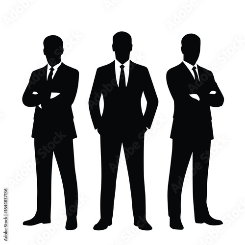 Three silhouetted businessmen standing together in suits isolated on white background