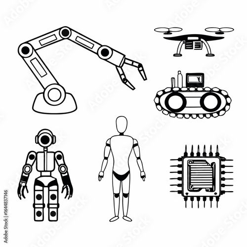 Illustration of robots, drones, and robotic arms isolated on white background, depicting automation and technology
