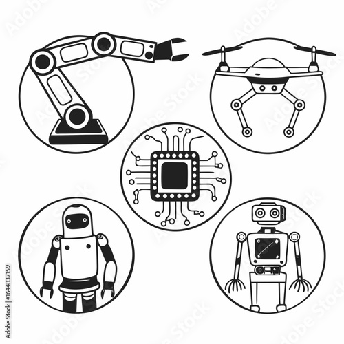 Illustration of robots, drones, and robotic arms in circles, depicting automation and technology concept