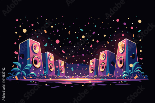  vibrant DJ setup scene featuring a central DJ mixer surrounded by tall speakers  