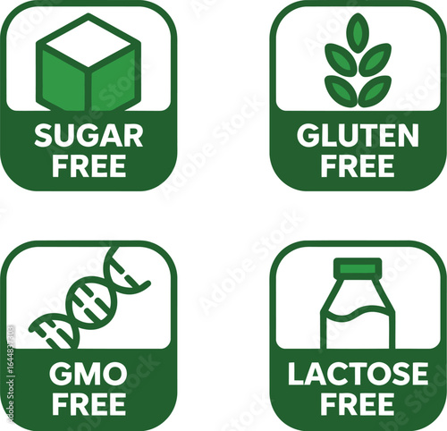 Four green icons indicating sugar free gluten free gmo free and lactose free