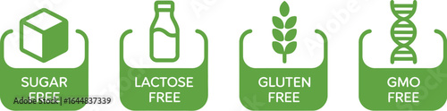 Four green icons representing sugar free lactose free gluten free and soy free food