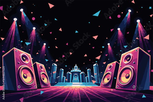  vibrant DJ setup scene featuring a central DJ mixer surrounded by tall speakers  
