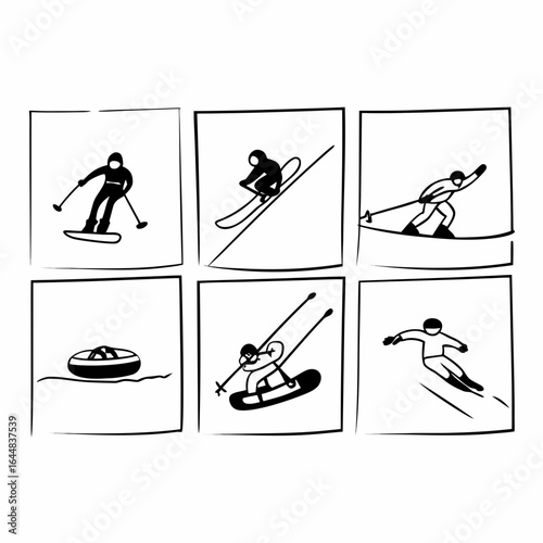 Collection of winter sport icons isolated on white background, featuring skiing, snowboarding and snow tubing