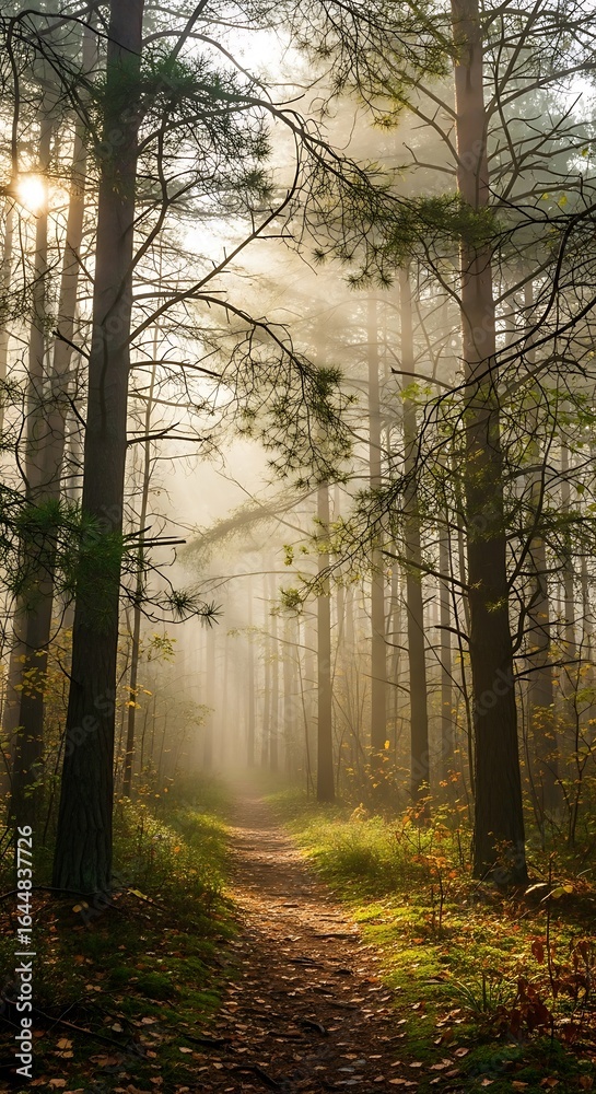 Obraz premium Misty Forest Path: Sunlight Through Tall Trees in Autumnal Woods