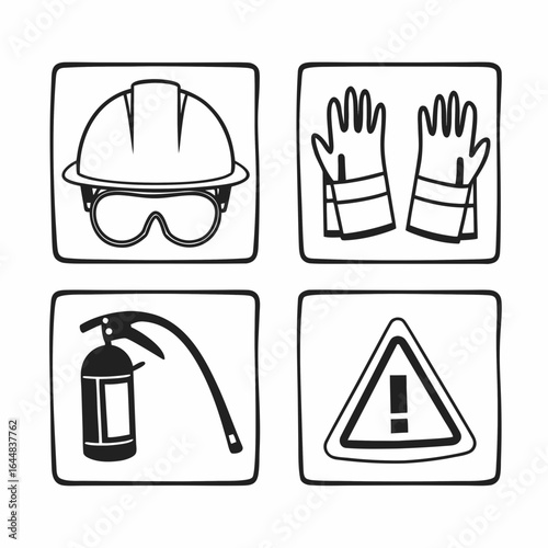 Safety equipment and wear icons isolated on white background for industrial work protection and fire