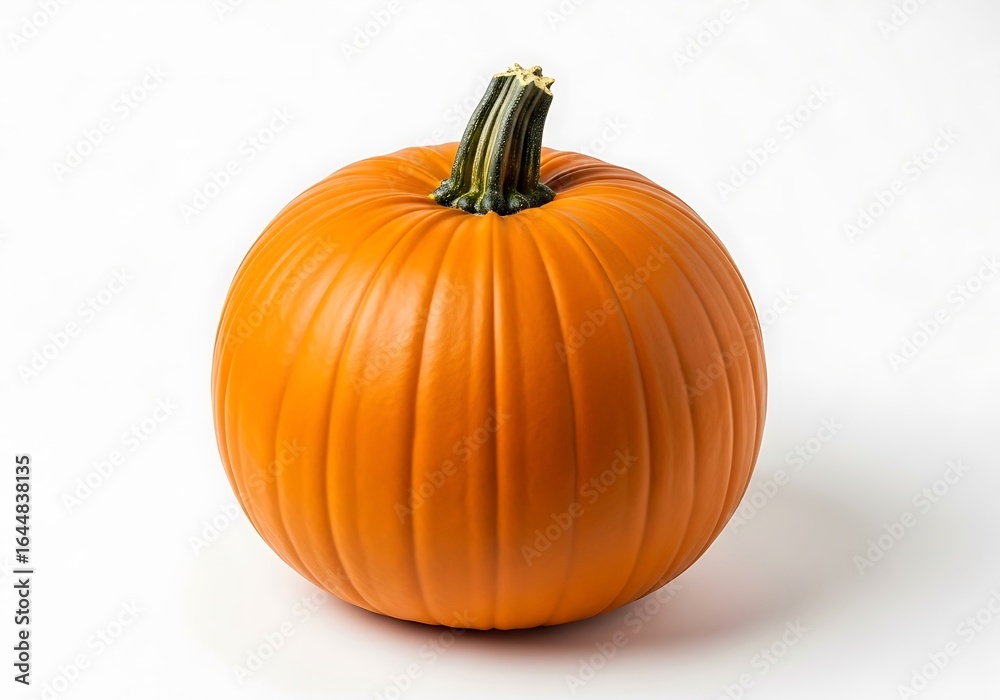 Obraz premium Single Orange Pumpkin with Green Stem on White Background, Studio Shot