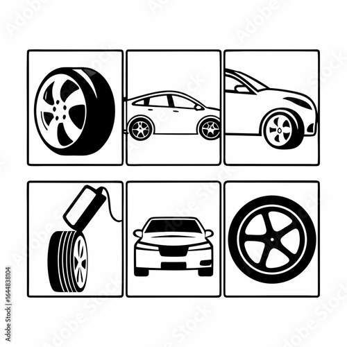 Car service and repair icons set isolated on white background, wheel and tire replacement