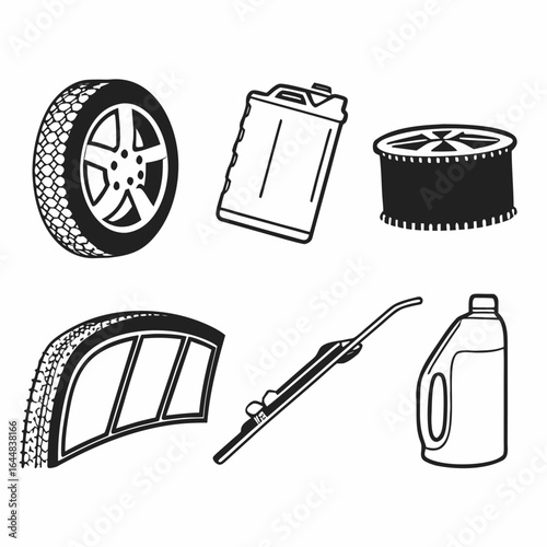 Automotive parts and accessories icons, including tire, gas can, windshield wiper isolated on white background