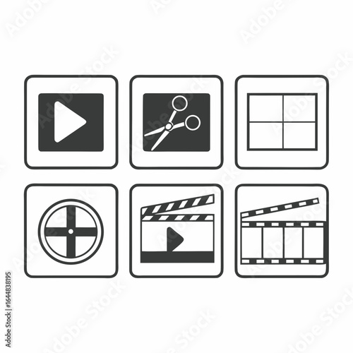 Collection of video editing icons, representing various stages of post production process