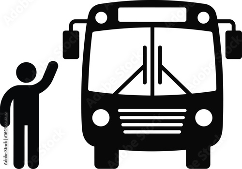 Person waving to a black bus icon on a white background