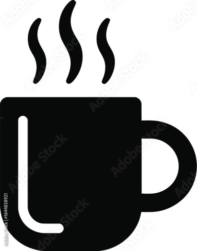 Simple black silhouette of a steaming hot coffee mug on a light gray background