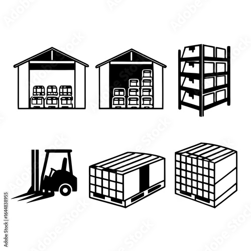 Illustration of warehouse elements including crates, forklift, shelves isolated on white background
