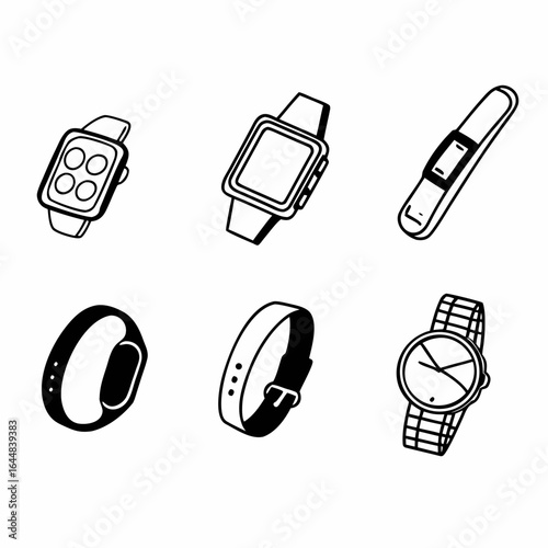 Set of various smartwatches and fitness trackers isolated on white background