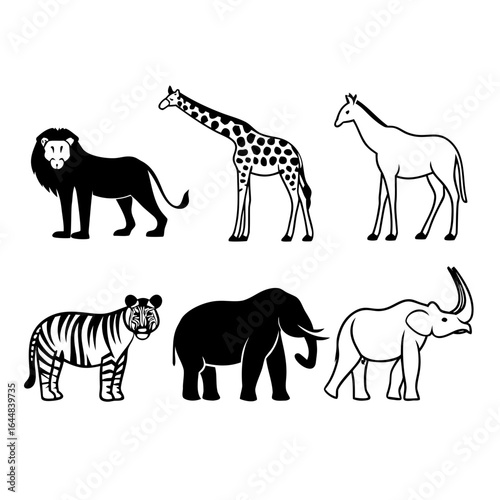 Collection of african animals isolated on white background, including lion, giraffe, tiger, and elephant