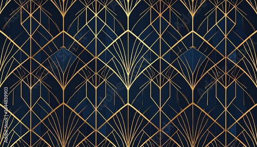 Abstract art deco pattern with gold lines on a dark blue background
