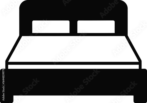 Simple black silhouette of a double bed with two pillows on a white background