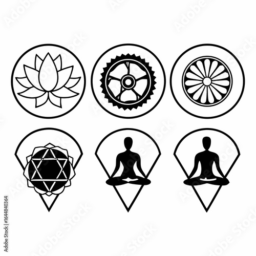 Set of yoga symbols and lotus flower isolated on white background for spiritual practice and wellness