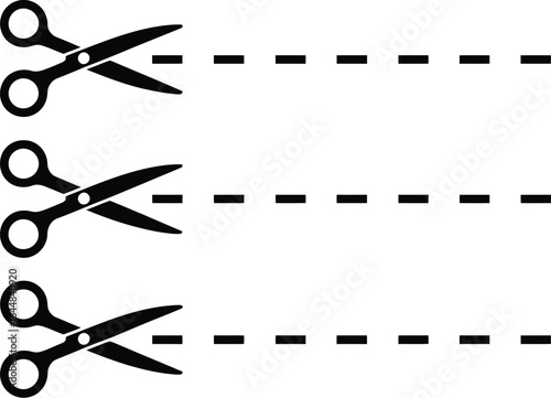 Three pairs of scissors cutting dashed lines on a white background