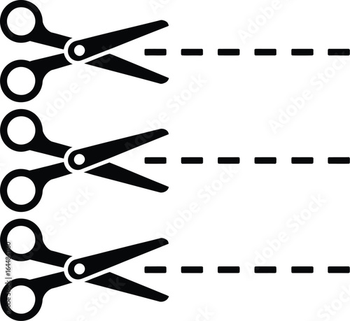 Three pairs of scissors cutting dashed lines on a white background