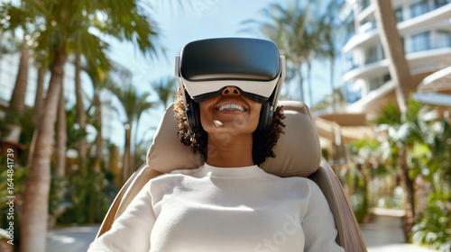 Virtual reality experience in tropical resort with joyful user
