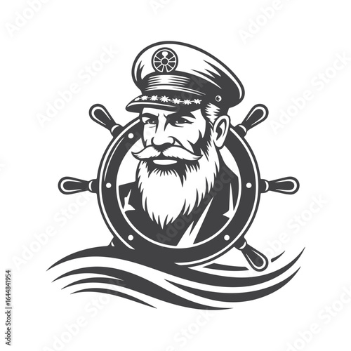 Bearded captain wearing hat behind ship wheel with waves mustache