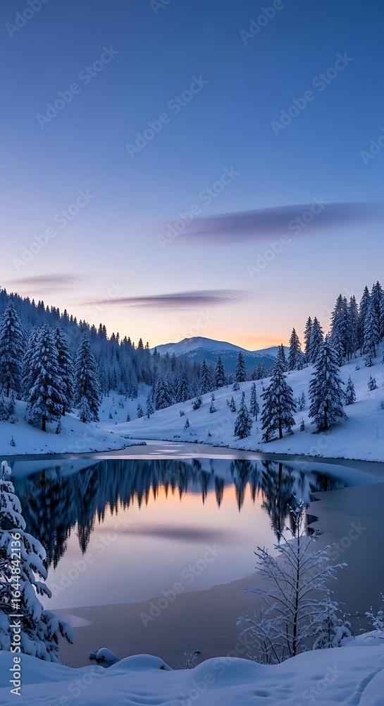 Fototapeta premium Serene Winter Lake Reflection with Snow-Covered Trees at Dusk