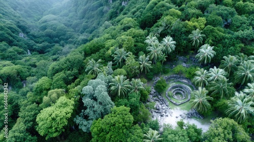 Aerial View of Spiral Tree Growth Pattern in Lush Tropical Forest