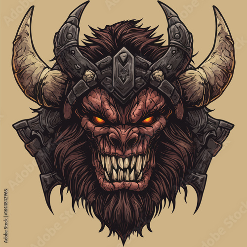 Furious Dark Demon Head Illustration with Massive Horns and Aggressive Snarl. Mythical Monster Portrait.	