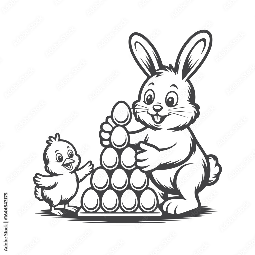 Obraz premium Bunny and chick with pyramid of eggs easter