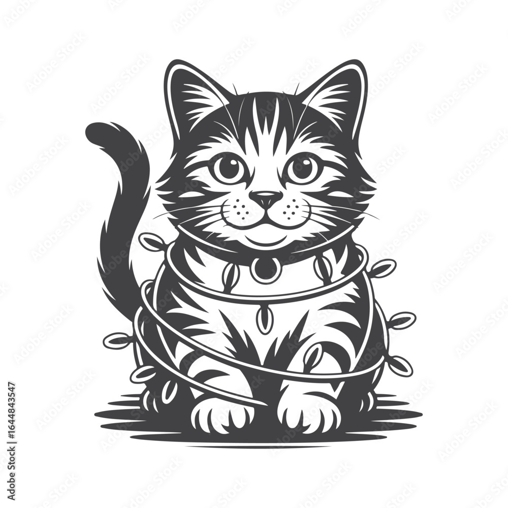 Fototapeta premium Adorable tabby kitten entangled in festive lights domestic cat animal