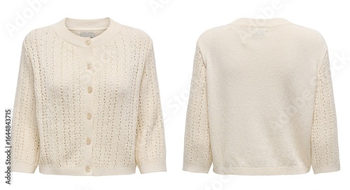 Schilderij op canvas Crochet Sweater  Woman wearing beige knitted cardigan closeup