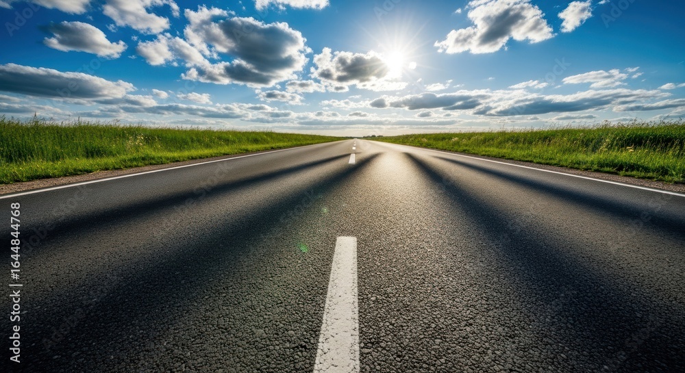 Fototapeta premium Paved road stretches to horizon under bright sun and cumulus clouds