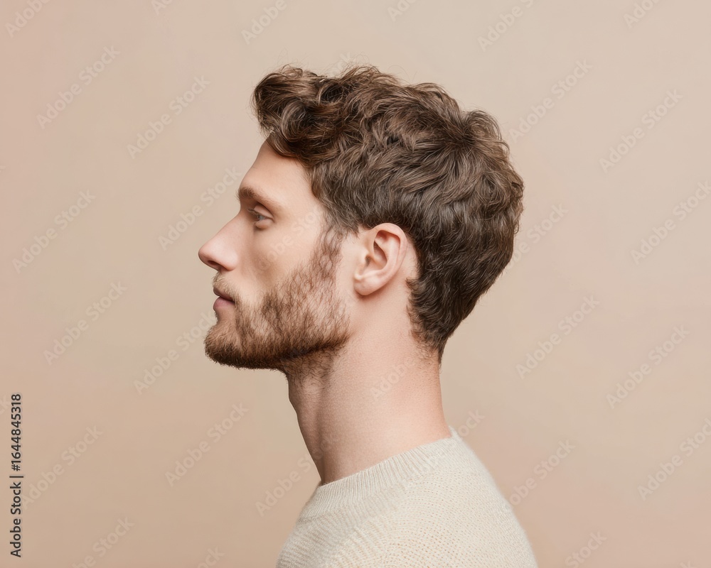 Obraz premium Modern stylish young man with fade haircut and subtle stubble profile portrait premium authentic grooming content for male fashion advertising campaigns