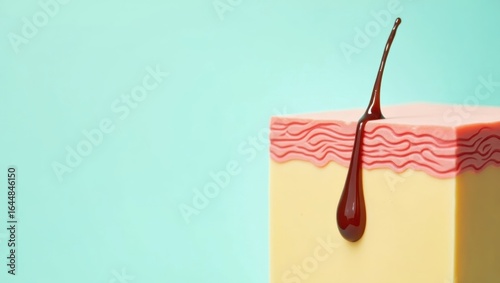 Sebaceous Filament. Pink cream cake slice with chocolate drizzle on tu